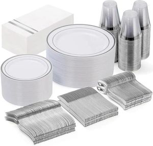 Dostępne zastawy stołowe 350pcs Białe i srebrne plastikowe płyty z srebrnymi oprogramowaniem na imprezę Święta Święta, w tym 50 9 -calowy obiad