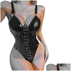 Kvinnors shapers kvinnor läder spetsnät sömmar sexiga underkläder jumpsuit femme pajamas porr cosplay kostym produkt droppleverans en dhczl