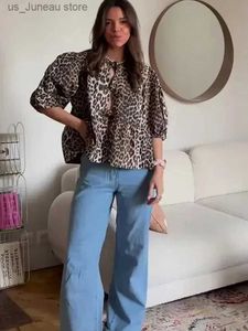 Kvinnors blusar skjortor leopard tryck båge snörning upp kvinnor skjortor puff slve o-hals ihålig ut kort blus 2024 vår sommar elegant lös strtwear t240412