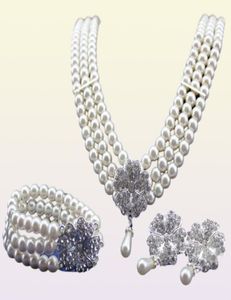 Rodium Silver Tone IvoryCream Pearl Bridal Jewelry Conjunto de colar de casamento Bracelete e brincos Sets5258223