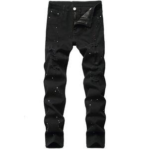 Denim Jeans Hole Design Fashion Lacquer Foot Casual Pants Stretch Regular Fit Black Long Hip Hop Mens Four Season Plus Size 240403