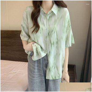 Womens Blouses Shirts Short Sleeve Fashion Woman Blouse 2023 Dress For Women Vintage Y2K Clothes Shirt Elegant Youth Clothing Drop Del Dh70H