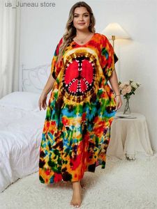 Basic Casual Dresses Sexy V Neck Print Oversize Kaftan Batwing Slve Side Slit Summer Vacation Women Beachwear Plus Size Swimsuit Cover-ups Q1464 T240412