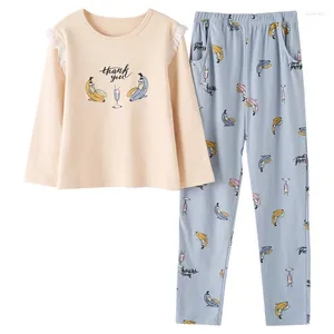 Home Clothing Women Cotton Sleepwear Cartoon Banana Pattern Female Suit Lovely Pyjamas Casual Wear Autumn Pajamas Tops Pants