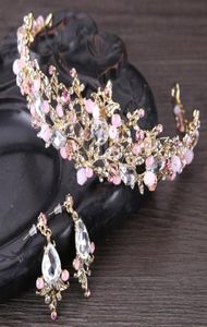 Brincos de Tiara de Crystal Bridal Brincos com contas requintadas feitos à mão Prom Quinceanera Brincos de Coroa de Casamento Conjunto de três cores Pink Gold2124570