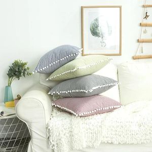 Pillow Cotton Striped Pattern Plush Ball Edge Throw Case 45x45cm Red Black Green Blue Cover For Living Room Sofa Home D