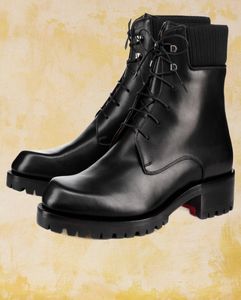 Red Botom Men Ankle Boot Platform Lug Rubber Sole Trapman Svart stickat och kalvläder spetsar upp utomhusskortränare 38471190925