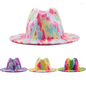 Berets Two Tone Classic Dressed Trendy Felt Colorful Wholesale Easter Sunday Tie Dye Extra Wide Brim Fedora For Men Women Hats