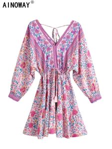 Vintage Chic kobiety Deep Vneck Ethnic Pink Floral Print Beach Bohemian Mini sukienka damskie rękawy batwing boho sukienki butów 240412