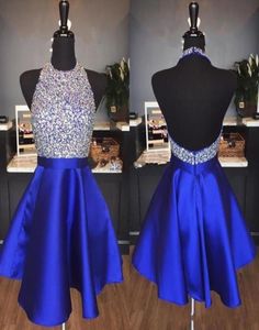 2020 Fashionable Royal Blue Sparkly Homecoming Dresses A Line Backless Beading Crystal Short Party Dresses For Prom Custom Made1161920