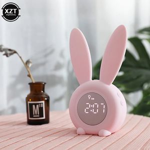 Mini Cartoon LED Digital Alarm Clock Electronic LED Display Sound Control Cute Rabbit Night Lamp Desk Rechargeable Clock 240403