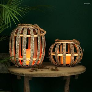 Candle Holders Farmhouse Accents Wooden Bark Lantern With Handle Handmade Natural Style Home Garden Indoor Outdoor