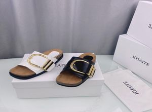 Khaite Thompson buckled leather slides slippers xe slipon beach sandals shoes Genuine leather open toe casual flats for women L9831208