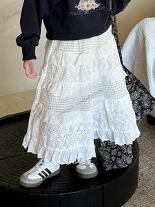 キッズレースホロー刺繍ロングスカートガールズ階層ファルバラプリンセススカート2024夏の子供バースデーパーティー服Z7678