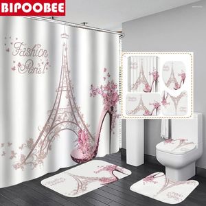 Cortinas de chuveiro saltos altos rosa Eiffel Tower Art Curtain Bathroom Fashion Paris Non Slip Carpet tampa da tampa do banheiro