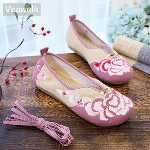 Casual Shoes Veowalk Women Linen Cotton Fabric Embroidered Ballet Flats Ankle Strap Ladies Comfortable Ballerinas Green Pink