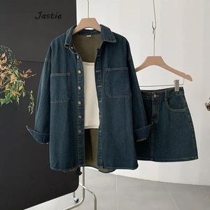 Autumn Korean Retro Washed LongSleeved Denim Shirt Kirt Set for Women 2 Pieces Casual Fashion Womens Suit 240412