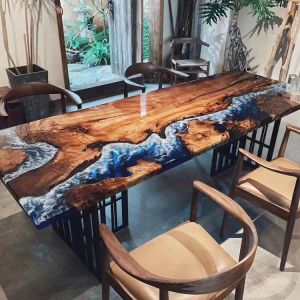 Ny het försäljning live kant träplatta blå harts flod matbord pterocarpus erinaceus poir epoxy harts och träbord