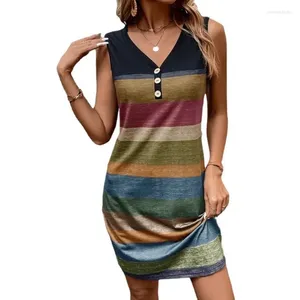 Casual Dresses Loose Rands Print Mini Dress Woman Clothing Y2K ärmlös knapp sundress kort mode sommar för kvinnor 2024