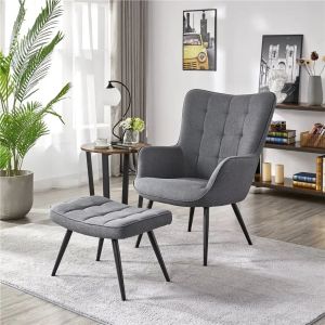 Mid-Century Modern Fabric Wingback Accent Chair with Ottoman, Gray