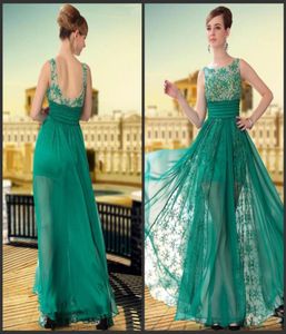 Moda vedi attraverso abiti da ballo lunghi in pizzo verde abiti da sera in chiffon gerretta di chiffon bareau lunghezza del pavimento senza maniche