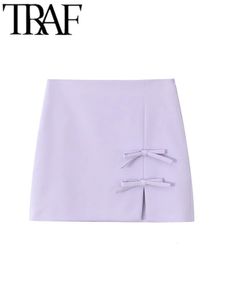Traf Gal Sweet Bow Trim Mini kjol Lätt lila 2024 blixtlås med hög midja delad sida Aline Extreme Short Female Y2K 240402