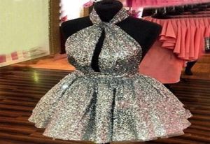 Glittering Sequined Homecoming Cocktail Dresses 2021 Sexy Backless Halter Short Prom Gowns A Line Puffy Skirt Formal Party Dress A7942063