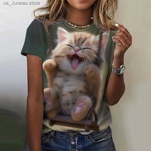 Женская футболка модная женская футболка для животных 3D Принт Kawaii Cat Graphic T Tops Summer Slve Slve Casual Wowen Top Design Olde T240412