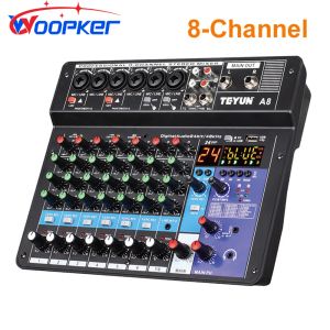 Mixer Audio Mixer 8Channel Sound Mixing Console A8 Support Bluetooth USB 48V Power for Karaoke Party Recording Webcasting