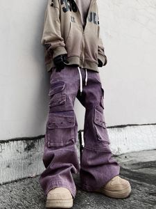 Herrbyxor hip hop skateboarding mode märke lösa draggle-tail byxor flerficka arbetskläder retro något blossade jeans