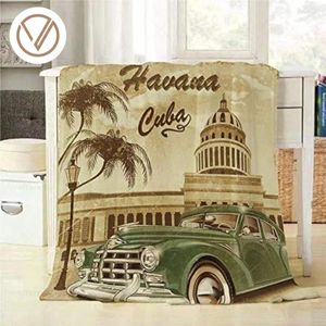 Cobertores Havana Cuba Poster Retro Blanket com Vintage Vintage Old Car Green Car Decorativo Soft Warm aconchegante Flanela Plush Throws