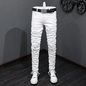 Maschile jeans street fashion maschi cupon skinny punk pantaloni bianchi elastico designer strappato patched hip hop marchio pantaloni hombre
