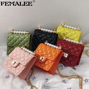 Women Mini Jelly Messenger Bag Trendy Quilted Pearl Purse Handbag Girls Turn Lock Chain Crossbody Silicone Wallet Sac A Main Shoul246O