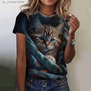 Женская футболка модная футболка женская футболка Animal 3D Print Kawaii Cat Graphic T Tops Summer Slve Slve Casual Casual Wowen Top Design Olde 1 T240415