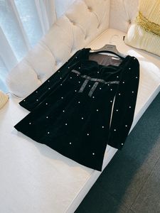 Spring Black Solid Color Ribbon Bow Beaded Velour Dress Long Sleeve Square Neck Panelled Short Casual Dresses J3D188314