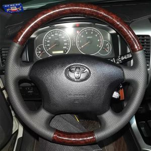 for Toyota old Prado previa FJ cruiser Hand Stitched non-slip grey genuine leather peach wood grain Car Steering Wheel Cover