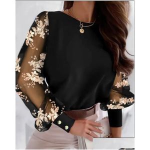 Womens Blouses Shirts Fashion Blouse Spring Autumn Casual Simple O-Neck Red Lace Floral Sheer Mesh Patchwork Top For Women Plover Drop Oteni