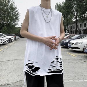 Men's T Shirts 2024 Summer Men Hip Hop Ripped Hole Tshirt Tank Top Tee Black White Solid Clothing O-Neck Sleeveless Streetwear Teen Boys