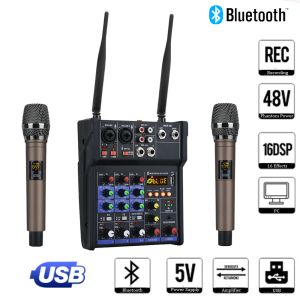 Mixer 4 Channel Audio Mixer Console med trådlös mikrofonljudblandning med Bluetooth USB MINI DJ Mixer för datorinspelning
