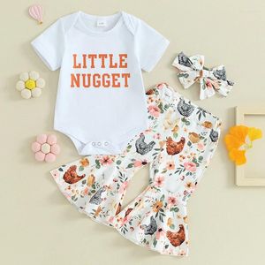 Clothing Sets BeQeuewll Baby Girls Summer Outfit Letter Print Short Sleeves Romper And Chicken Flare Pants Headband 3 Piece Clothes