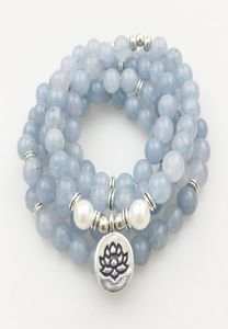 SN1205 Design Womens 8 mm Blue Stone 108 Mala Beads Bransoletka lub naszyjnik Lotus Charm Bransoletka 6294794