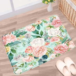 Badmatten Fußmatpflanzen Blumen Badezimmer Matte grüne Blatt Aquarell Blumenrosa Peony Nicht-Schlupfteppiche Flanell Stoff Küchentür Teppiche