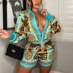 Basic Casual Dresses HLJ Fashion Retro Pattern Print Shorts Two Piece Sets Women Zip Long Slve Top And Shorts Outfit Casual Vintage 2pcs Strtwear T240412