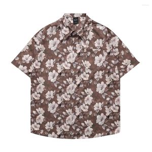 Mäns avslappnade skjortor män hawaiian skjorta hiphop streetwear blommor växt tryck brun strand kort ärm kvinnor y2k aloha tunna toppar unisex