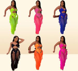 Adogirl Fluorescence Color Fashion Printed Swimsuit Mesh Two Piece Set Hollow Out Spaghetti Straps Bodysuit Swimwear9429415