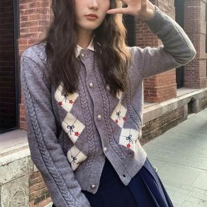 Kadın Örgü İngiltere Vintage Tatlı Tikalı Kızlar Örme Haligan Ceketler Bowknot Argyle Jacquard Sweaters Katlar Kısa mahsul dış giyim