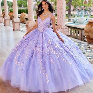 Lavendel glänsande quinceanera klänning 2024 mexikansk vestidos de 15 prinsessan söt 16 födelsedag xv bollklänning Askepott tjejklänning