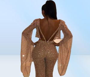 Sparkly paljetter Tvådelade aftonklänningar Jumpsuit Designer Backless långa ärmar Golvlängd Prom klänning formellt slitage 2022 plus siz8785354