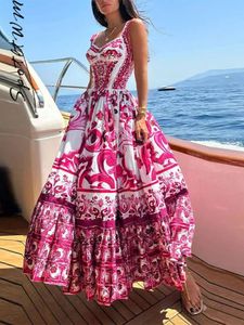 نساء مثير المطبوع فستان الأزياء v-neck عاريات الخصر عالية الأرجوحة كبيرة ميدي فيكيتوفيو الصيف الإناث أردية العطلات الأنيقة 240408