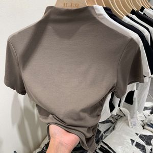 솔리드 어깨 티셔츠, 여성의 짧은 슬리브 유럽 상품, 2024 New Fit, Slim Standing Collar, 내부 레이어링, 층상 하단 상단